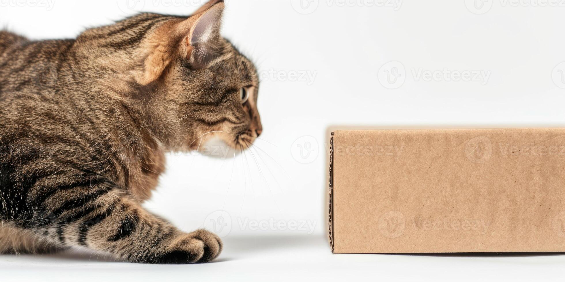 A cat is looking at a box on a white background photo