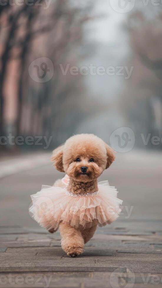 A small dog wearing a tutu dress running on the street photo