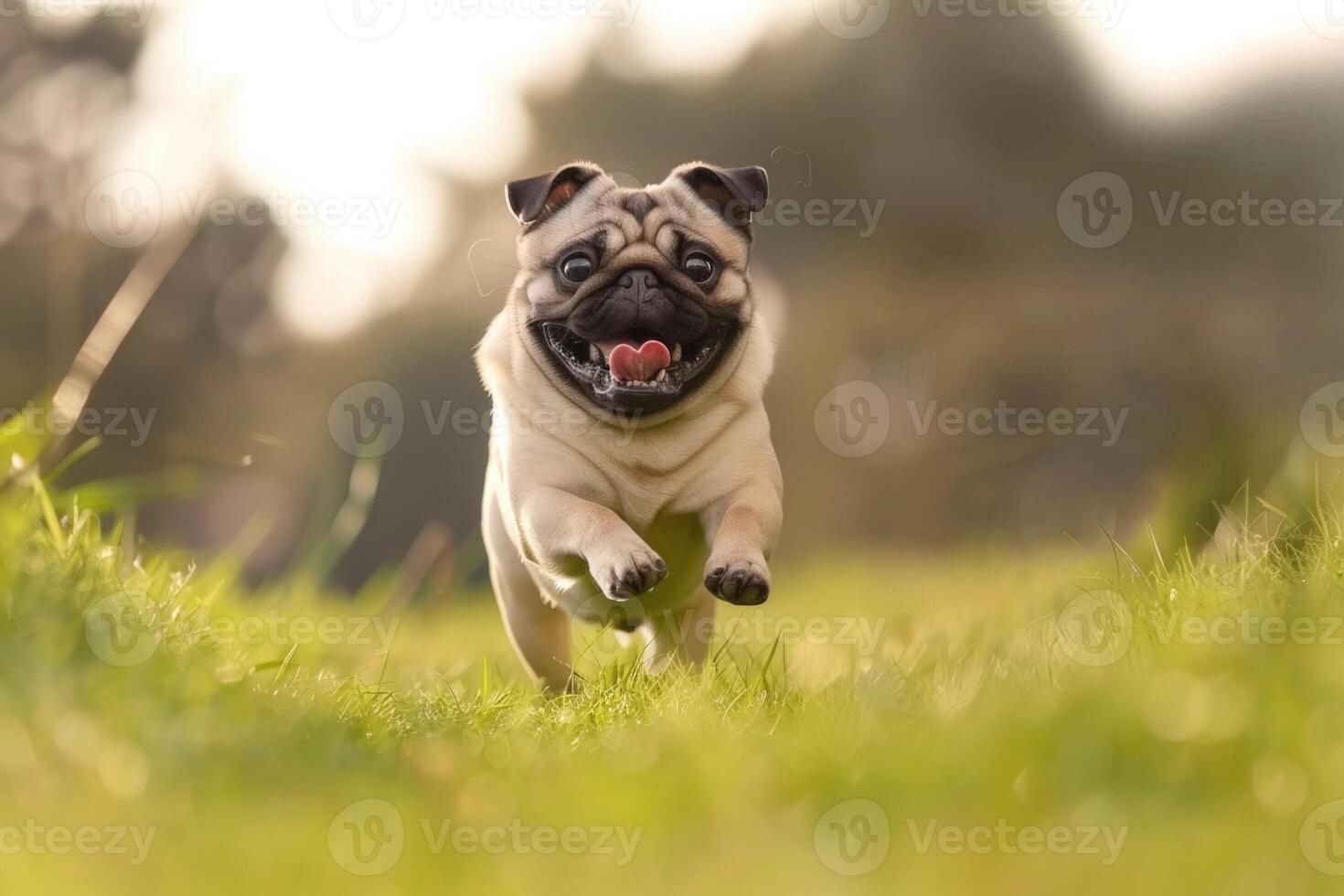 A pug dog running through a field photo