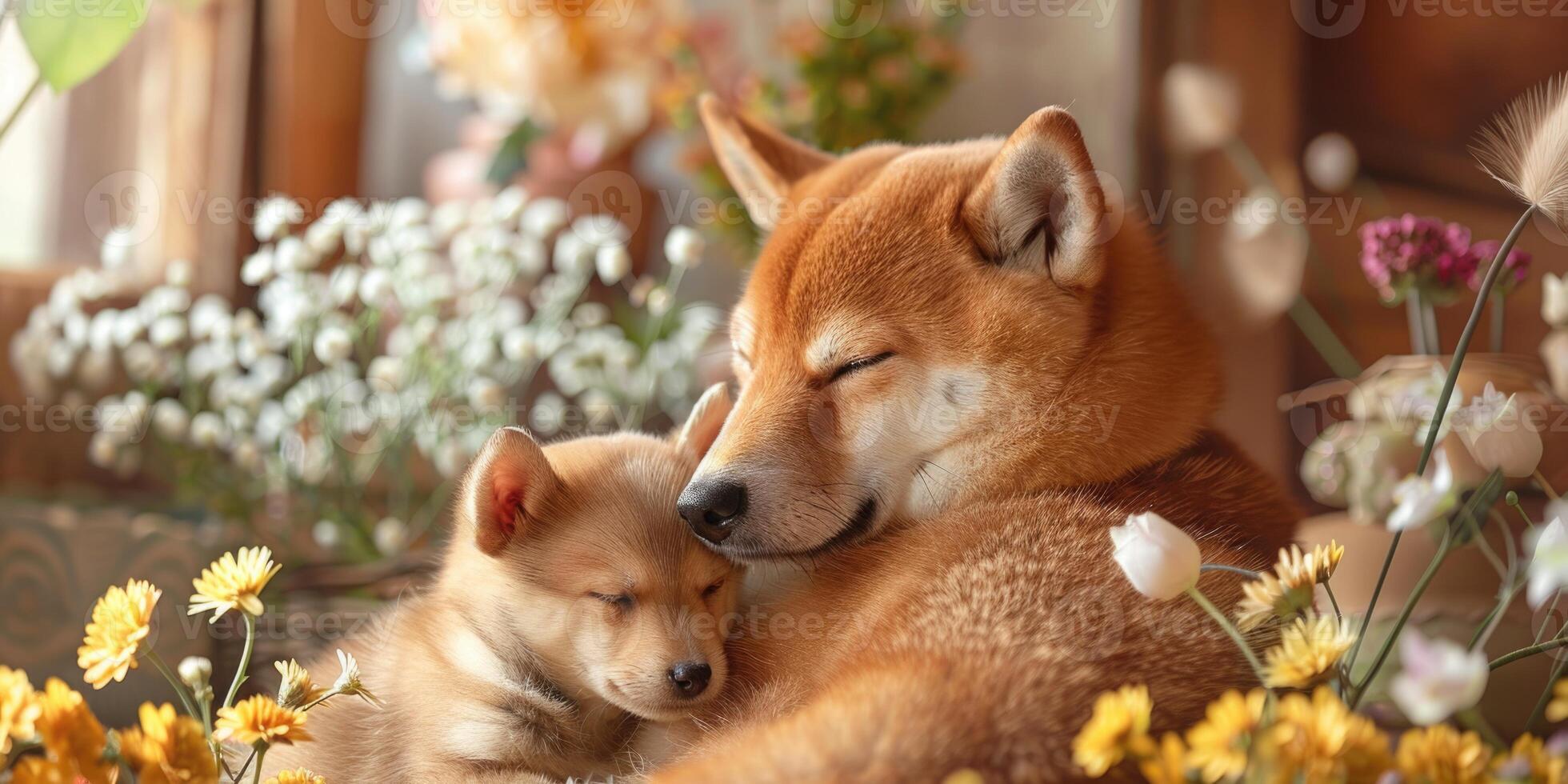 A dog and a puppy cuddle together in a flower field photo