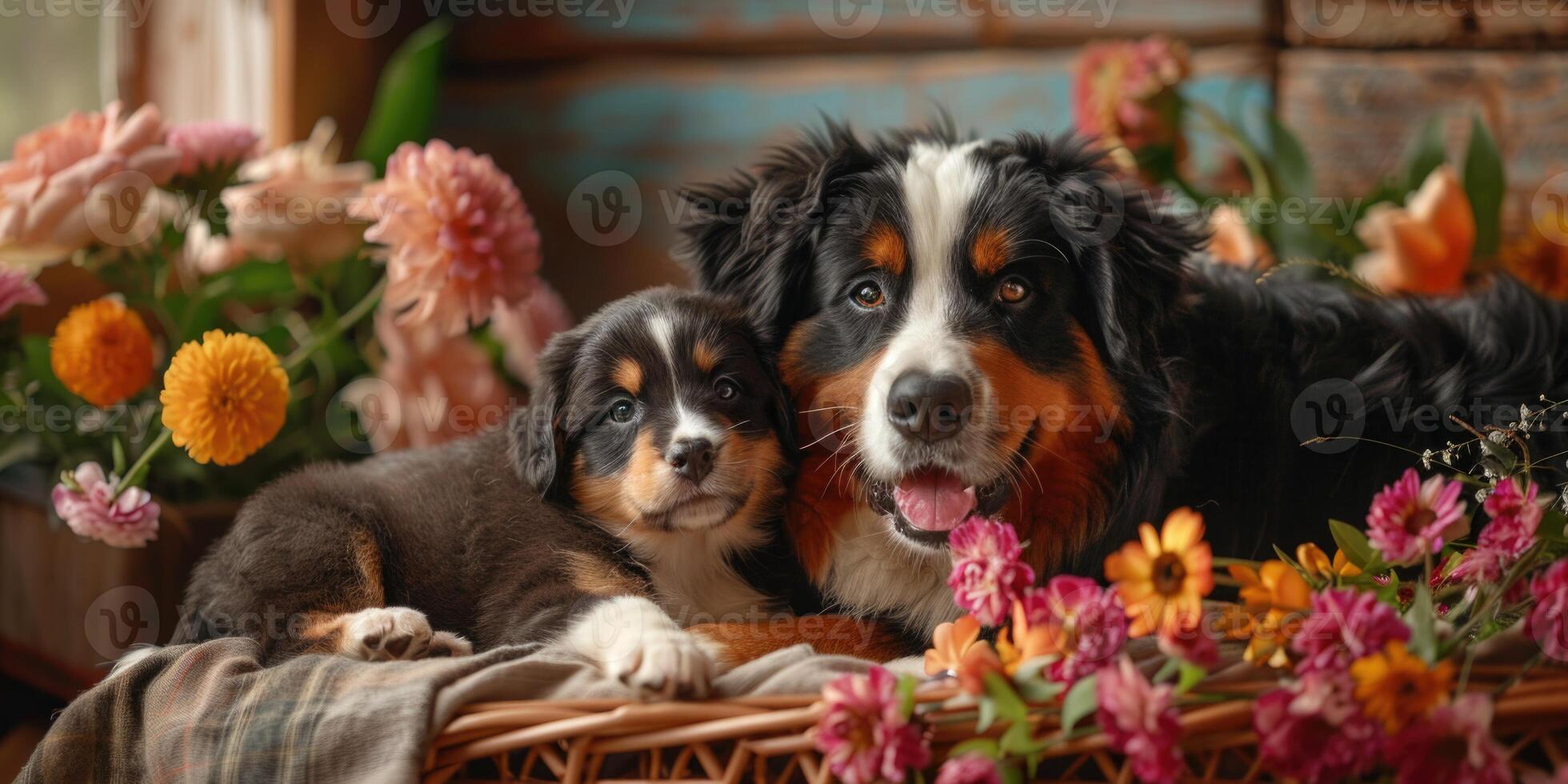 Two dogs laying in a basket with flowers photo