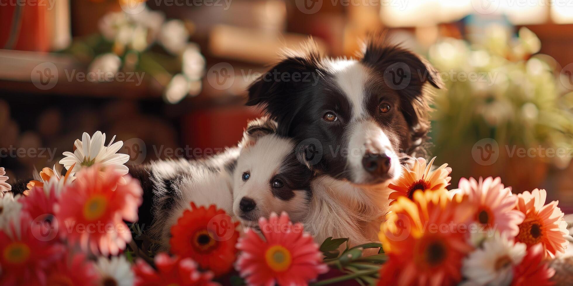 A dog and puppy laying on a flower bed photo