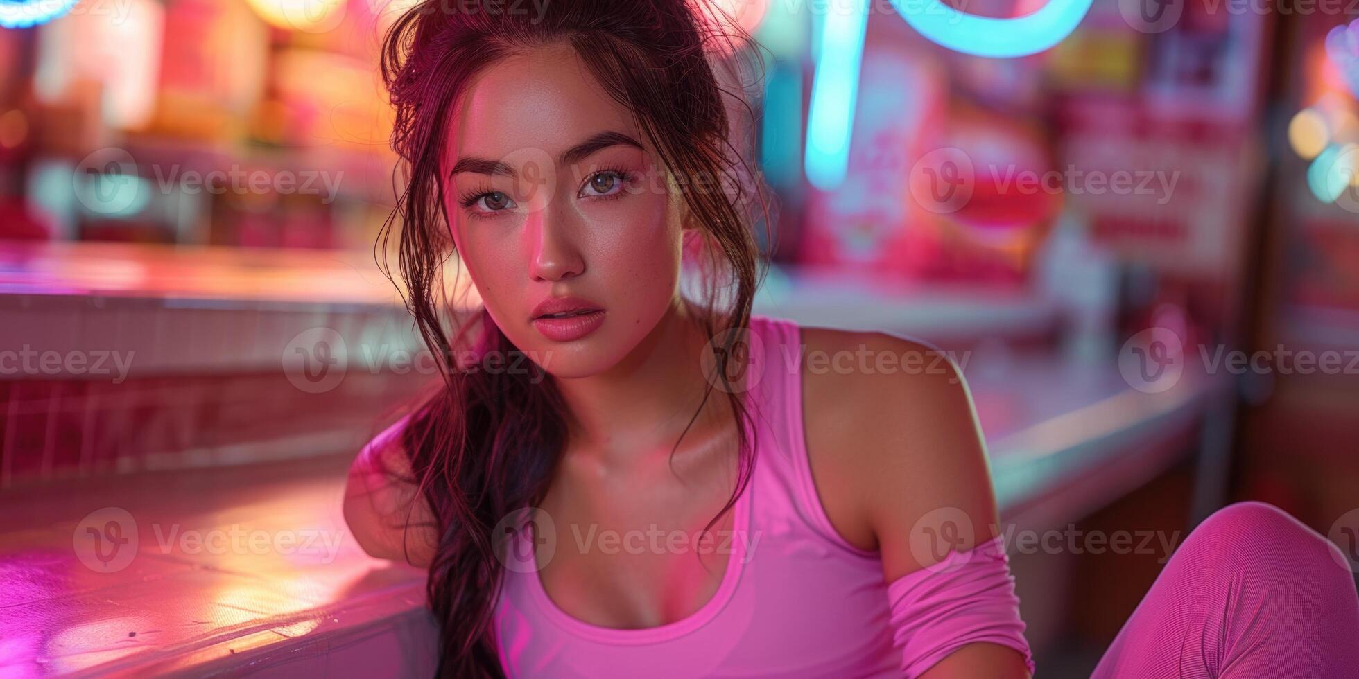 A woman in pink is sitting on a bench photo