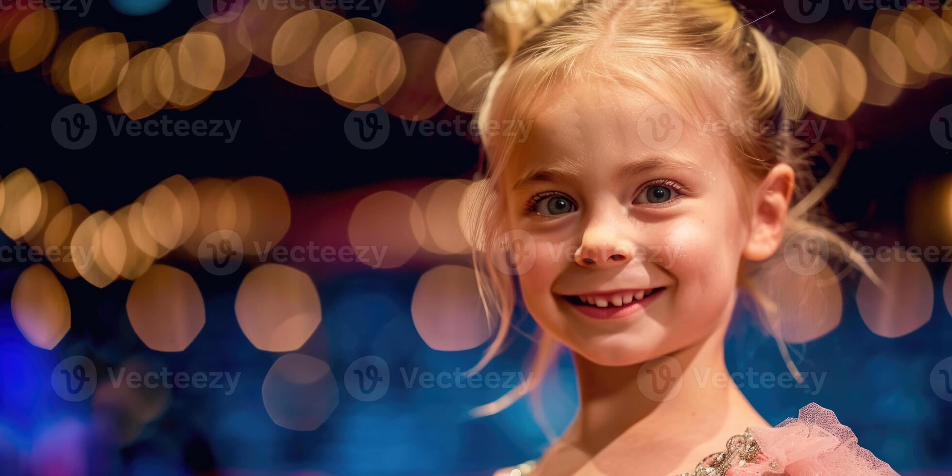 A little girl smiling in front of a crowd photo
