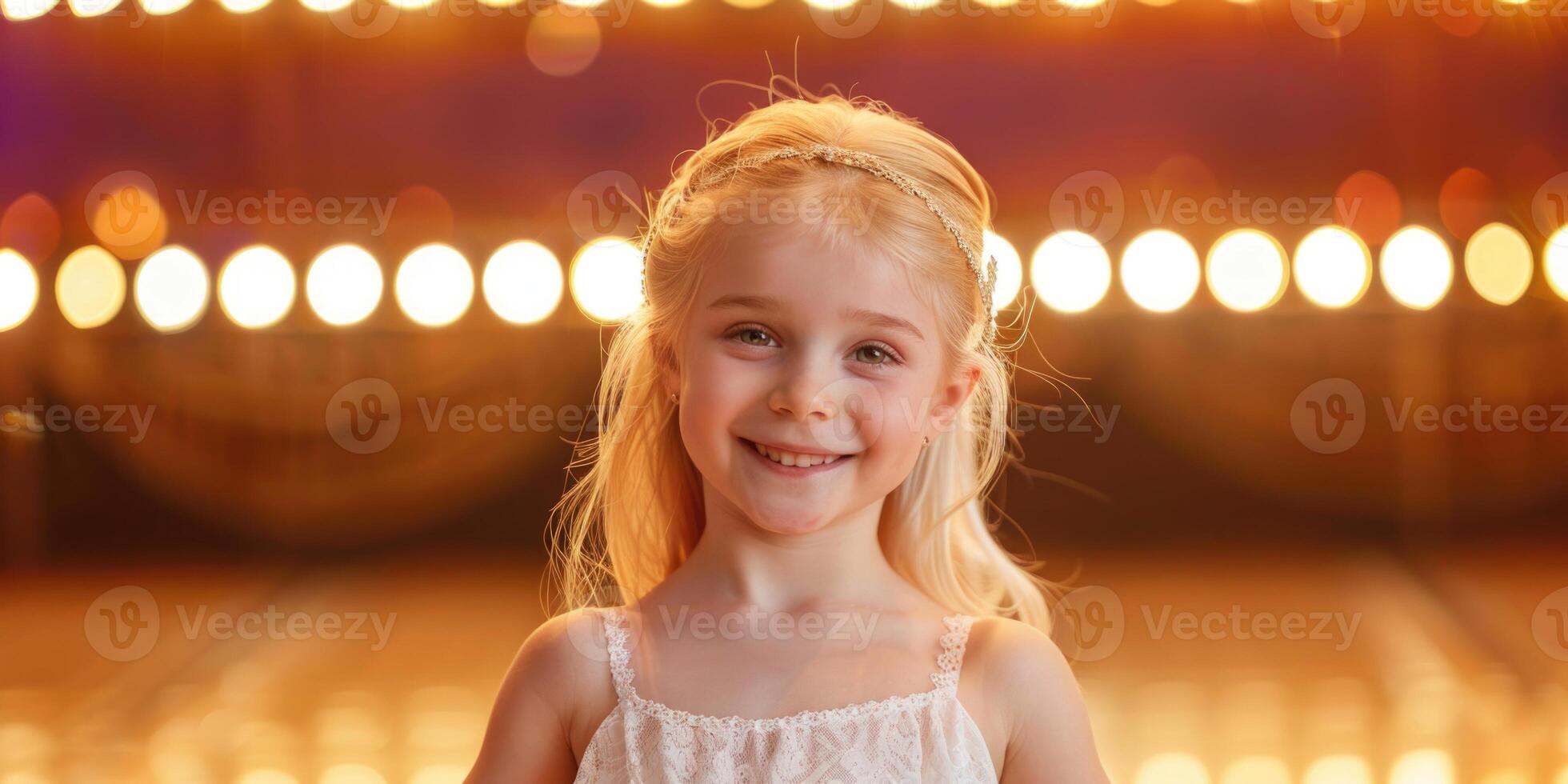 A little girl smiling in front of a spotlight photo