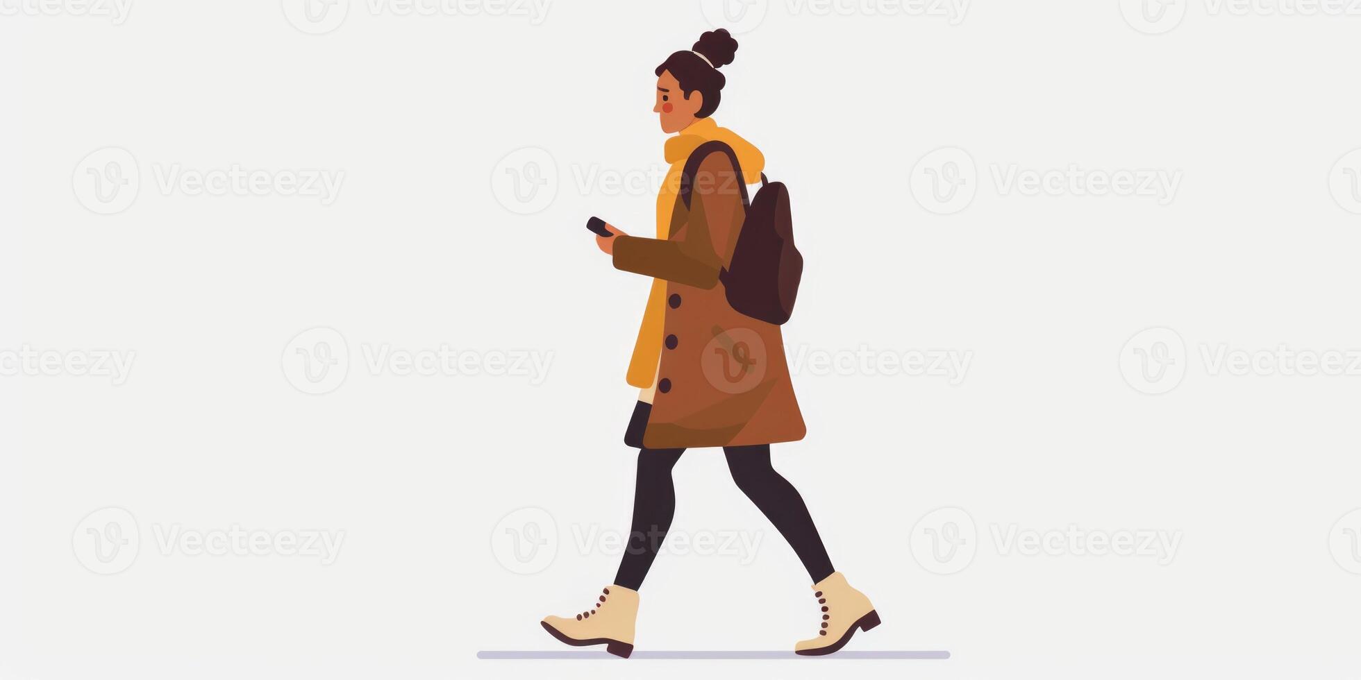 A woman walking with a backpack and a phone photo