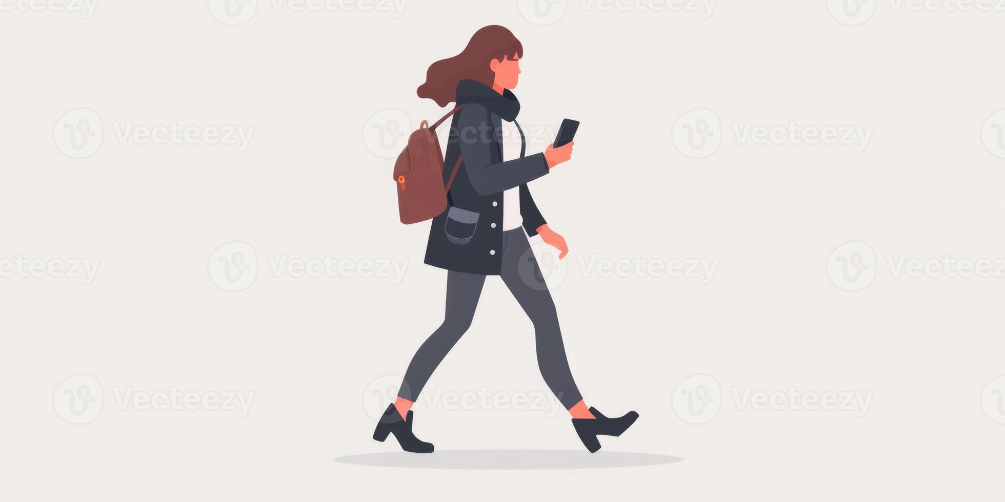A woman walking with a backpack and phone photo