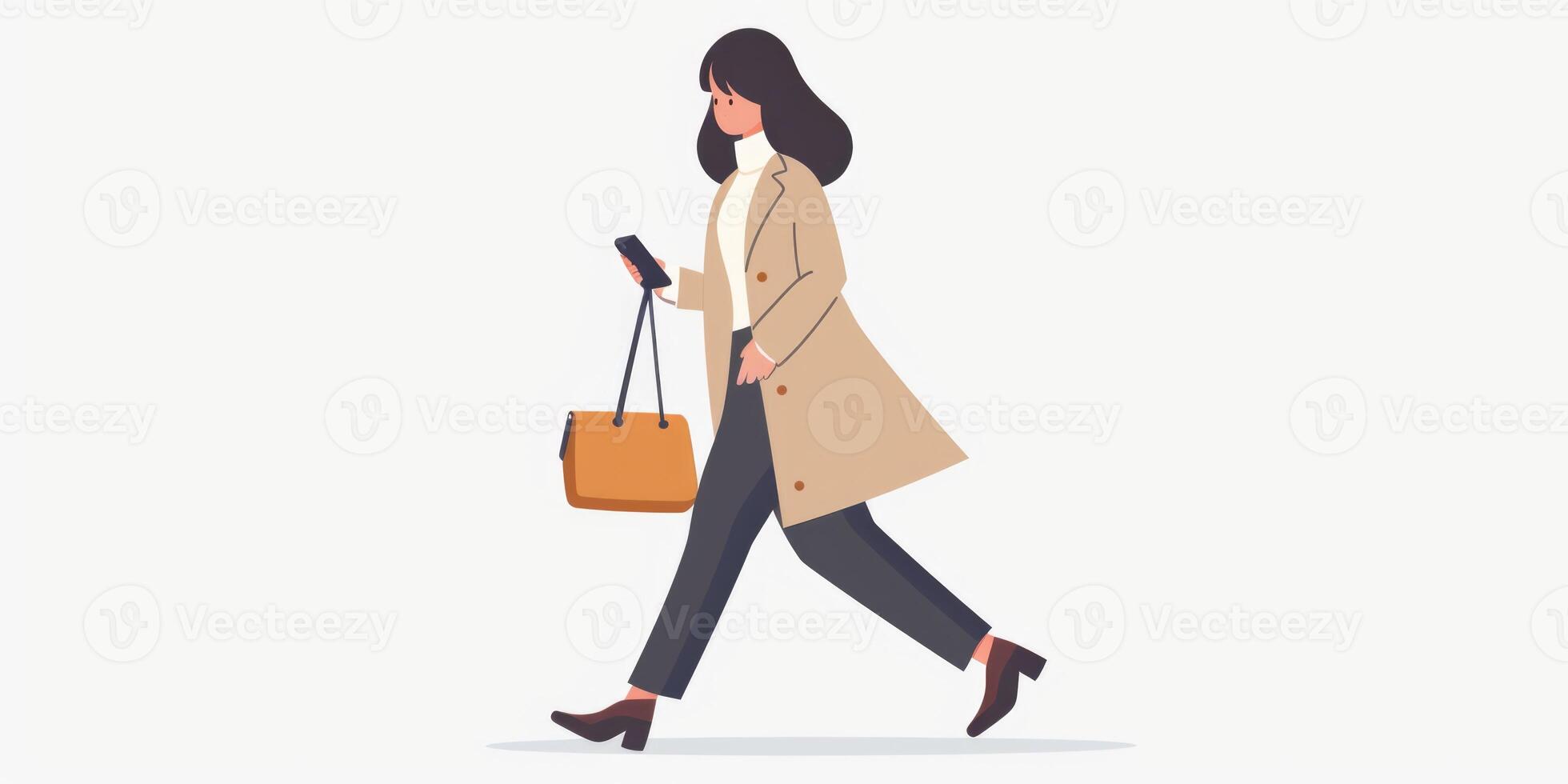 Woman walking with a bag and phone photo