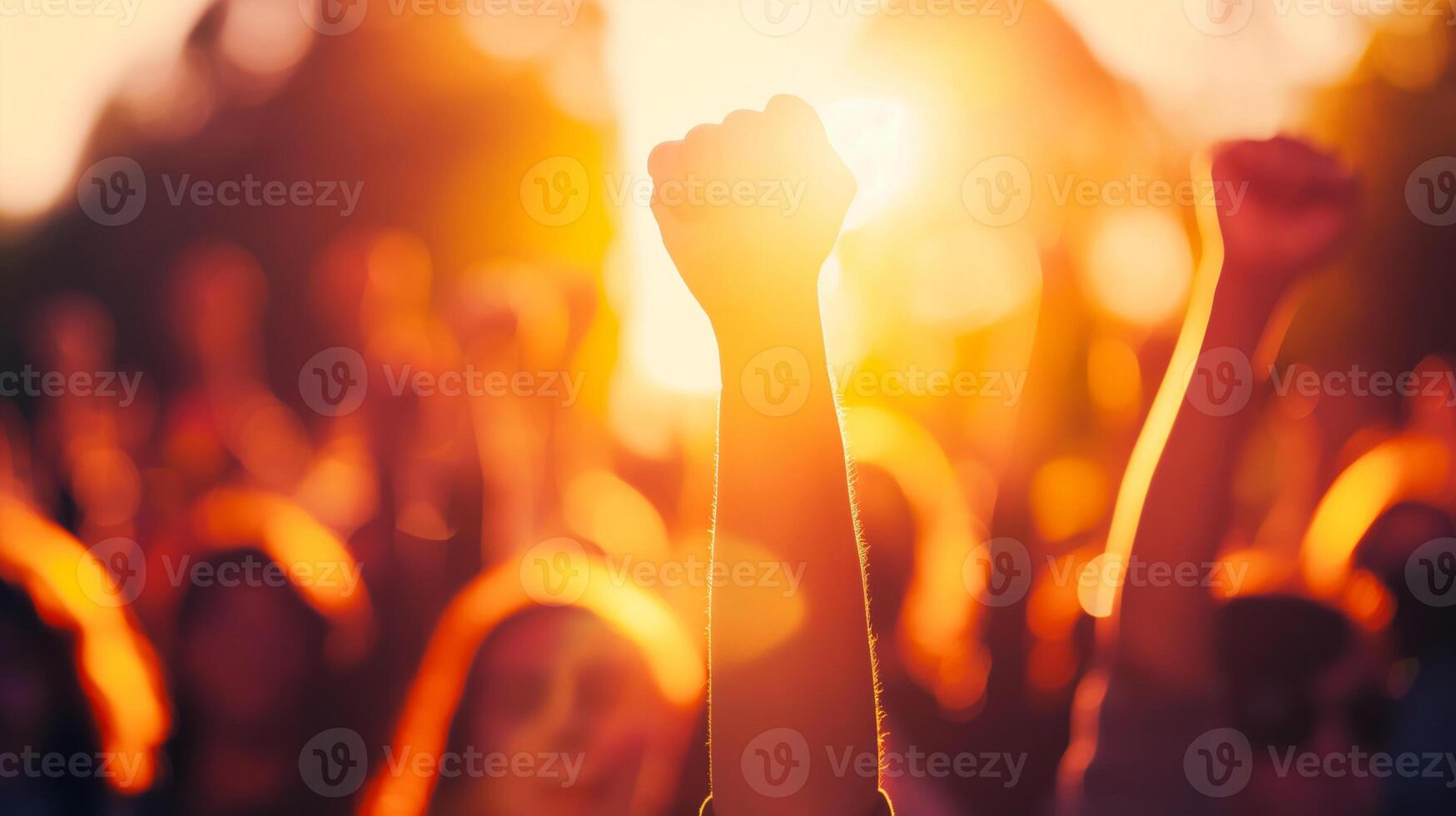 A crowd of people with their hands up in the air photo