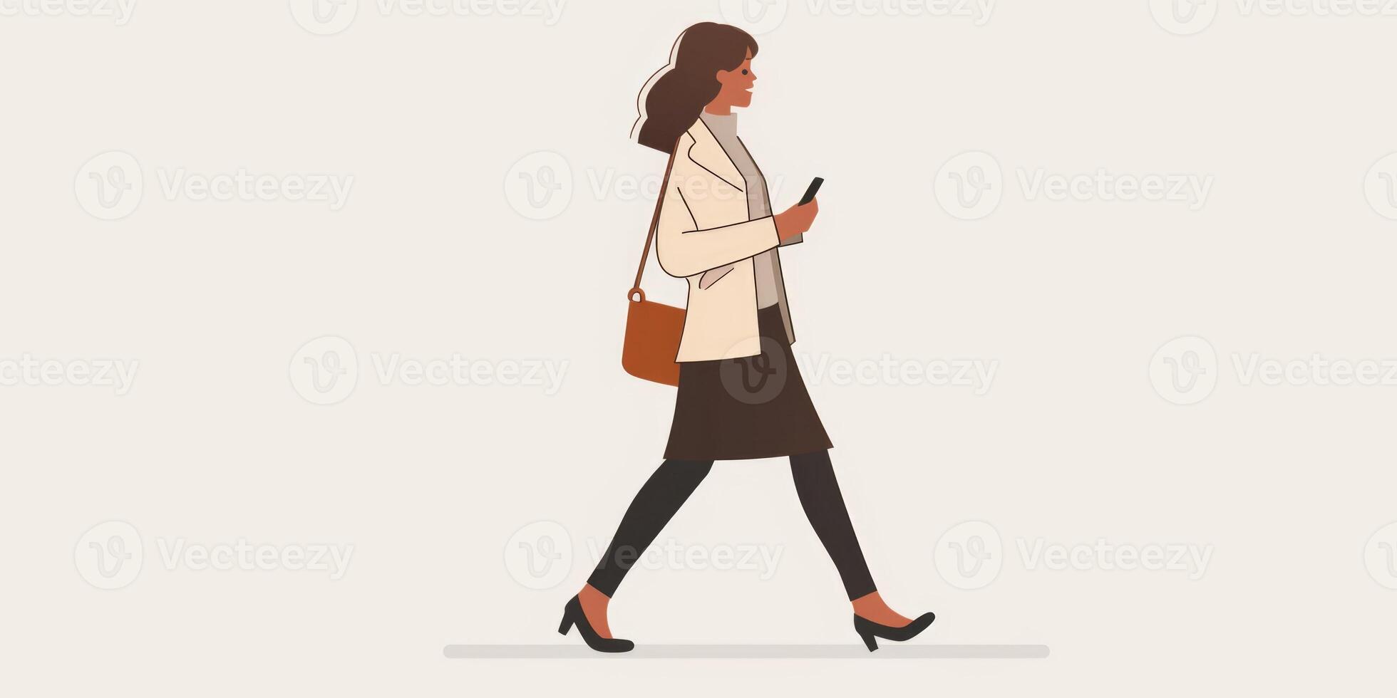 A woman walking with her phone in her hand photo