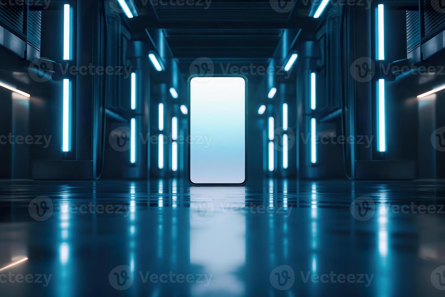 An empty room with a white screen in the middle photo