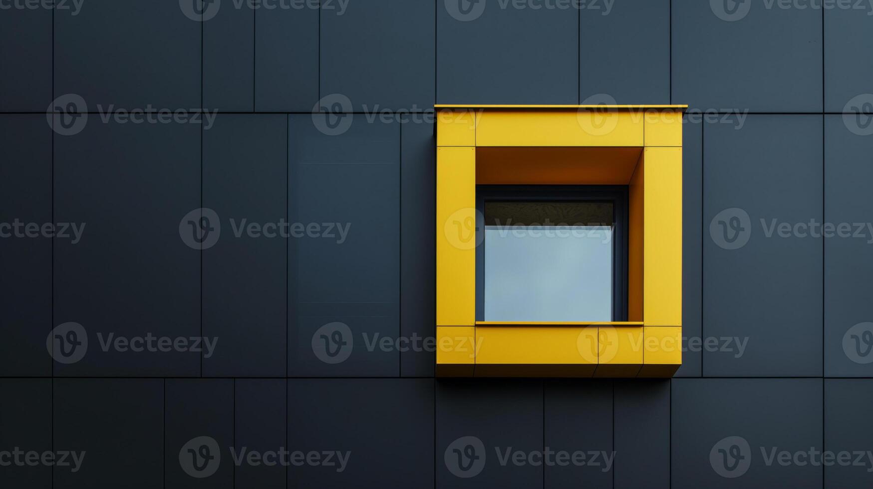 A window on a black wall with yellow trim photo