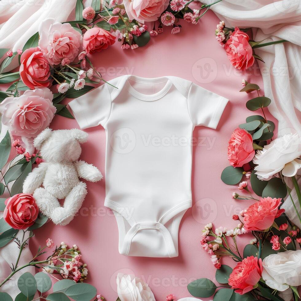 A baby bodysuit surrounded by flowers and teddy bear photo