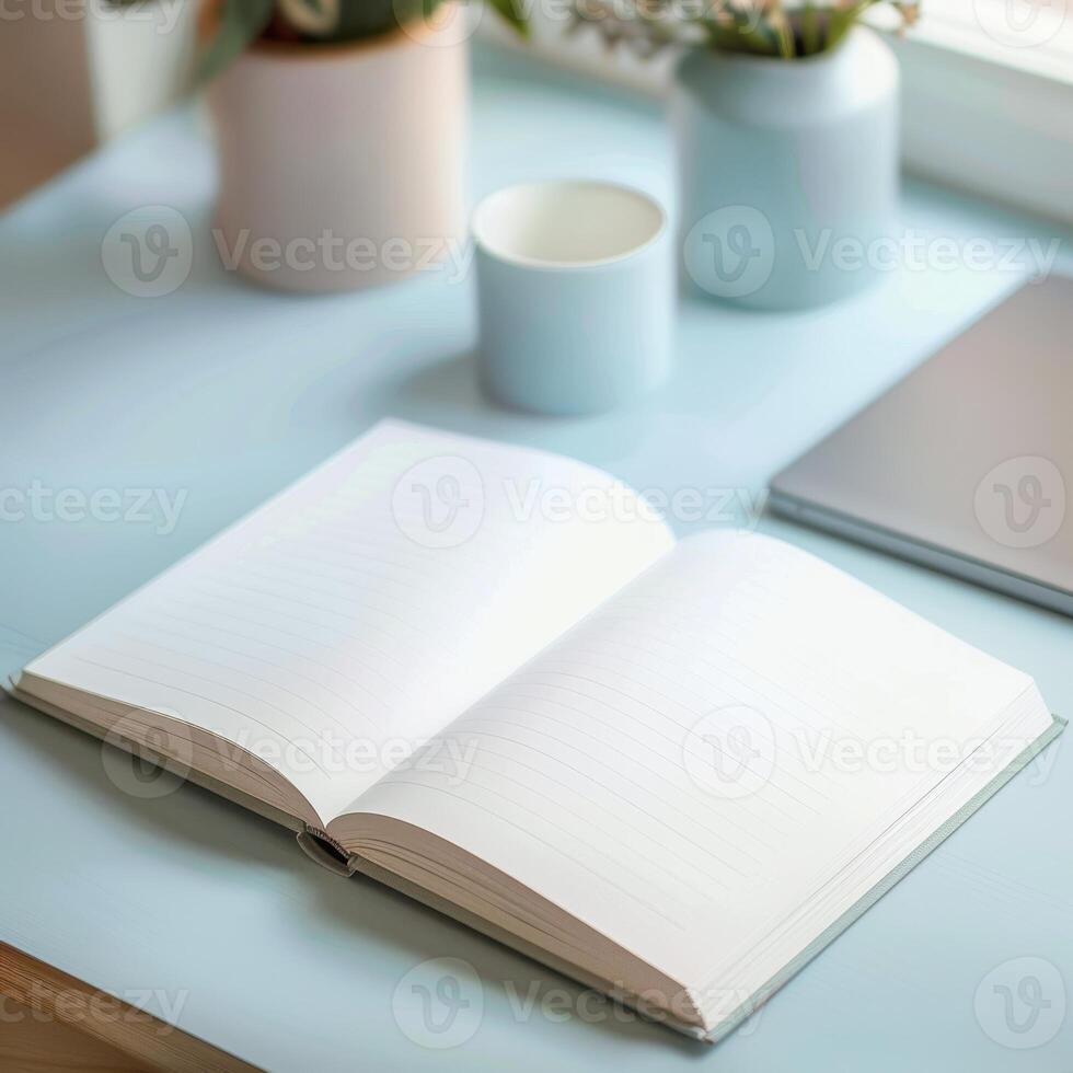 Open notebook on a blue desk with laptop and plant photo
