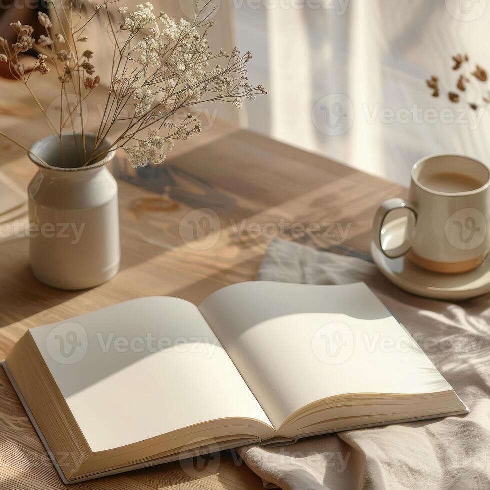 An open book, a cup of coffee and a vase of dried flowers on a wooden table photo