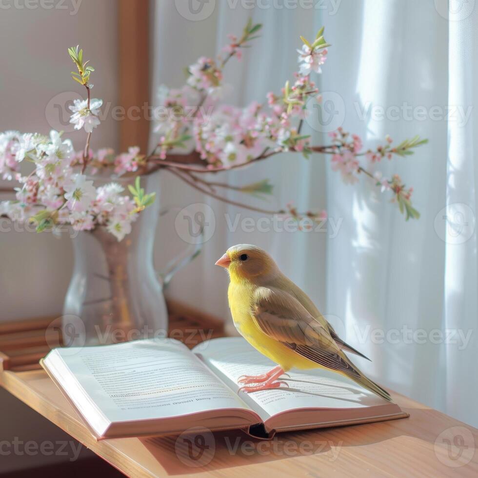 A yellow bird sitting on a book on a table photo
