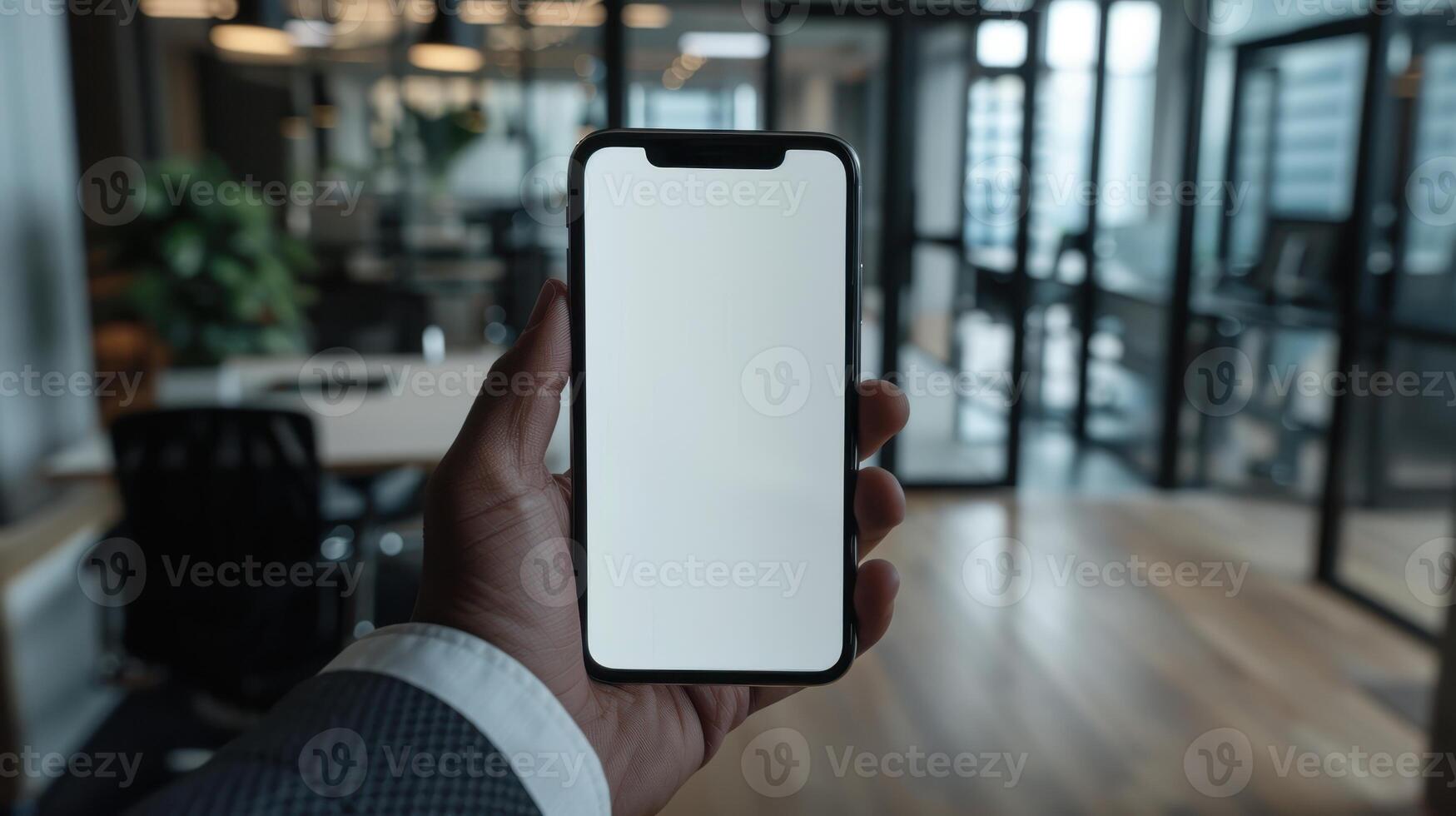 A man holding an iphone x mockup in an office photo