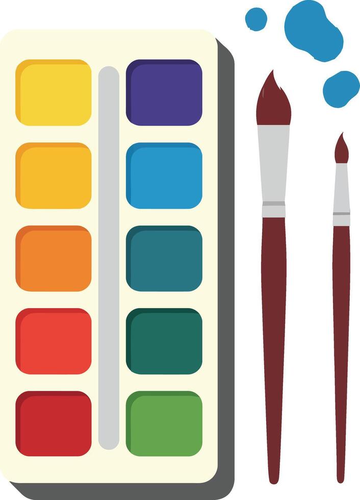 Colorful watercolor palette with two brushes and paint splashes in a flat design style illustration vector