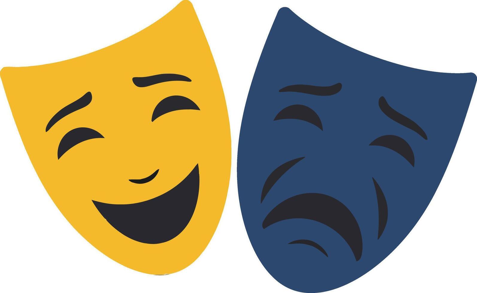 Two expressive theater masks in flat design showcasing joy and sadness, vibrant colors, symbolizing the emotional spectrum in art vector
