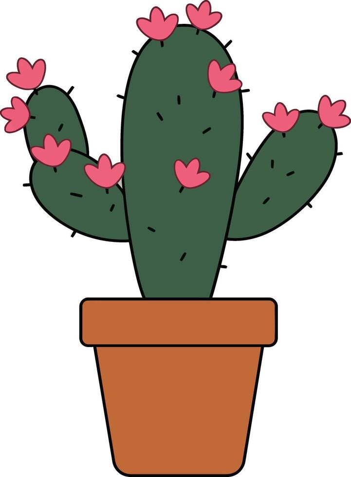 A vibrant green cactus adorned with pink flowers in a simple brown pot, designed in a flat, minimal art style vector