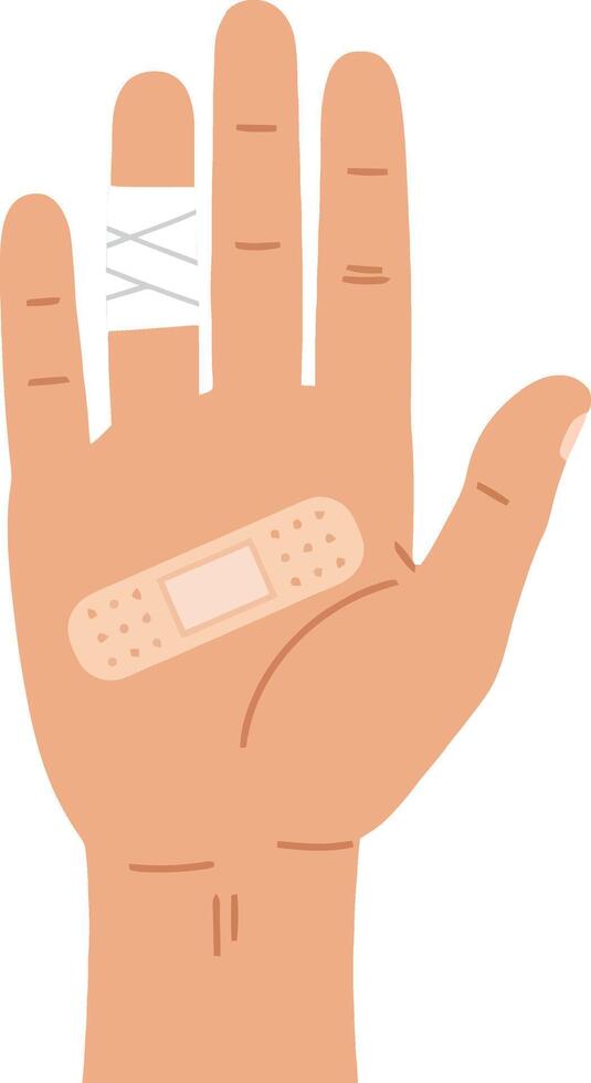 A hand with visible injuries showing a bandage and a gauze wrap in a flat illustration style, conveying a sense of care and healing through simplicity vector