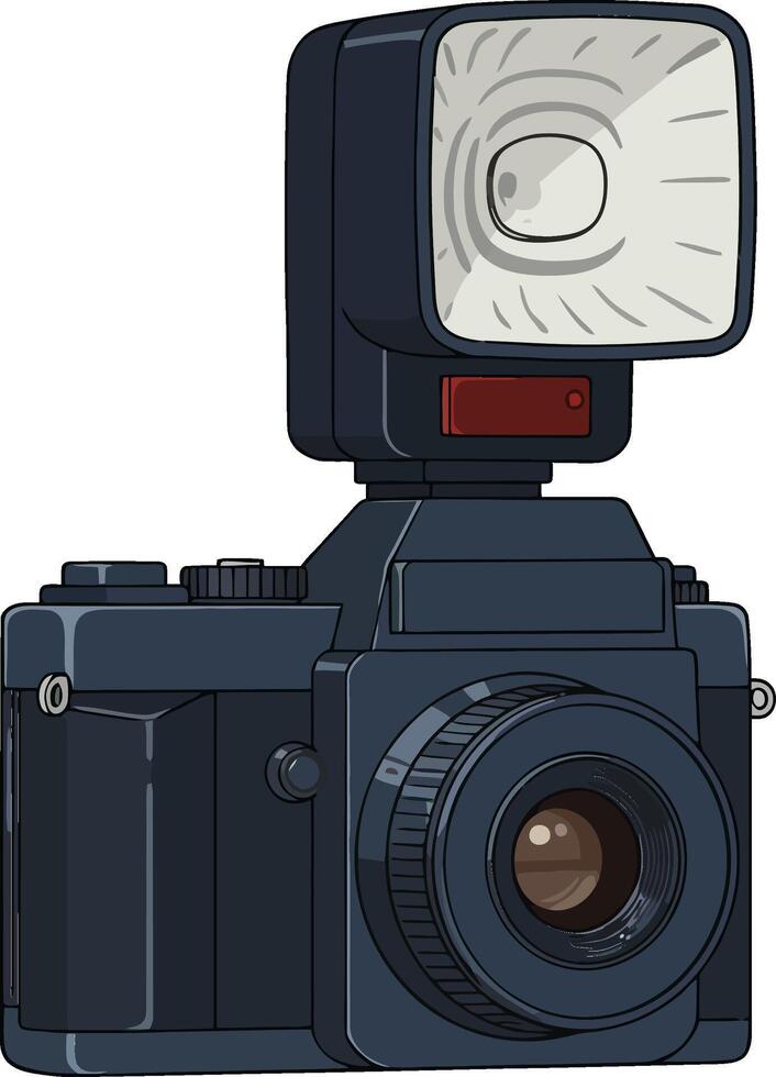 Vintage camera with flash in flat design showcasing detailed features and textures in art vector