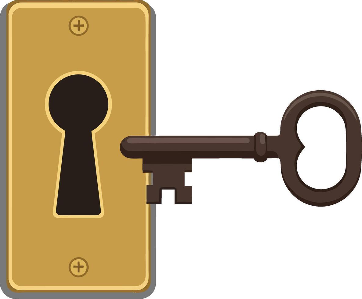 Key inserted into a vintage golden keyhole in a flat design style art vector