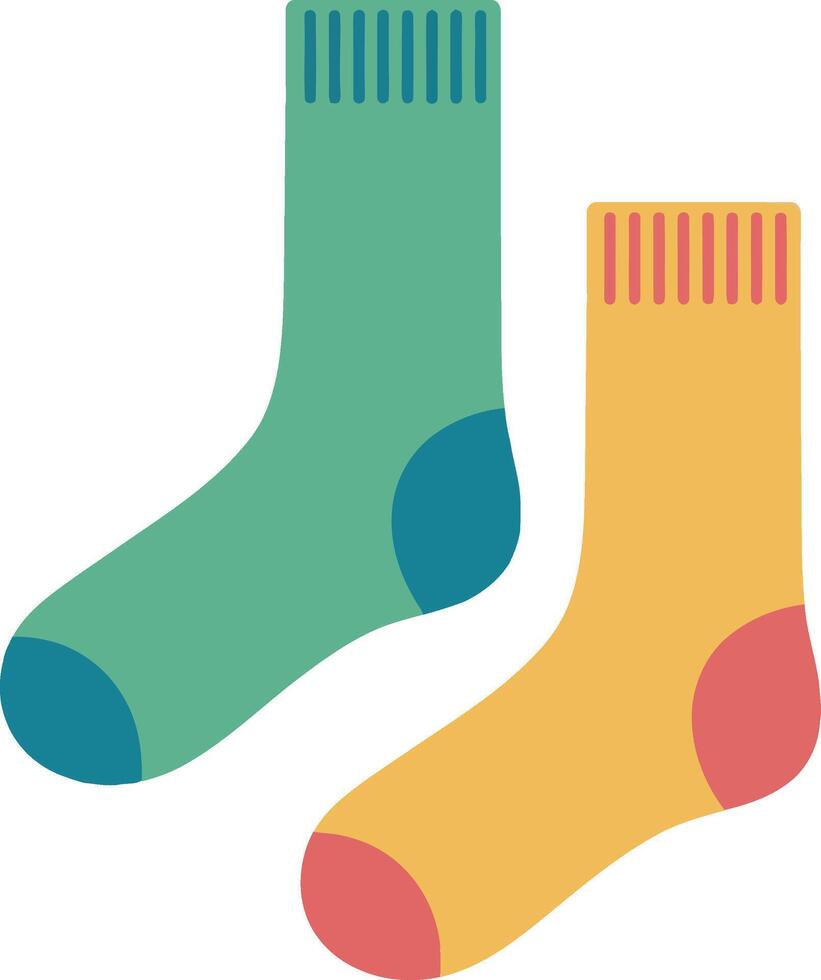 Colorful mismatched socks in playful flat design showcasing bright hues and simple shapes, emphasizing a fun and cheerful atmosphere in art vector