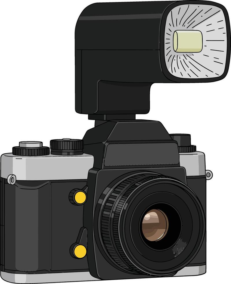 Classic digital camera with external flash in a minimal flat design style showcasing photography equipment art vector