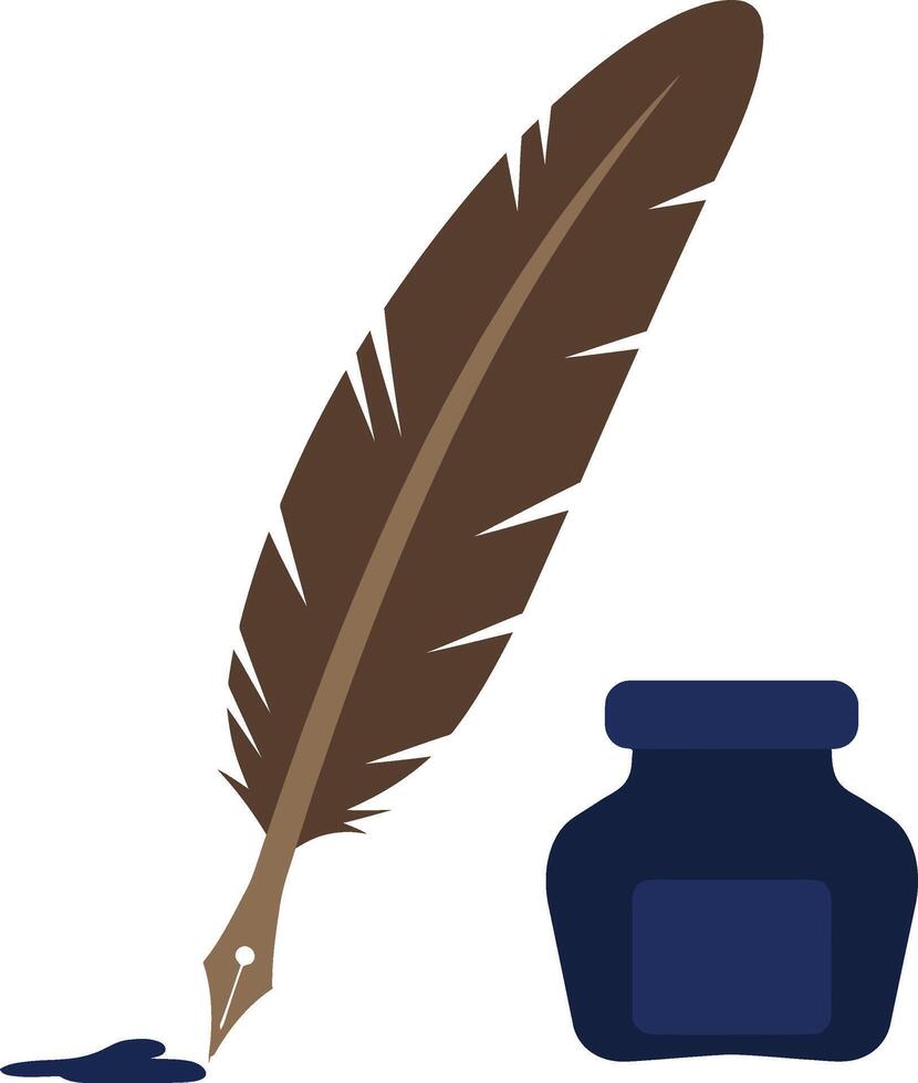 Elegant quill pen resting in ink bottle, showcasing classic writing tools in flat design style, perfect for creativity and inspiration art vector