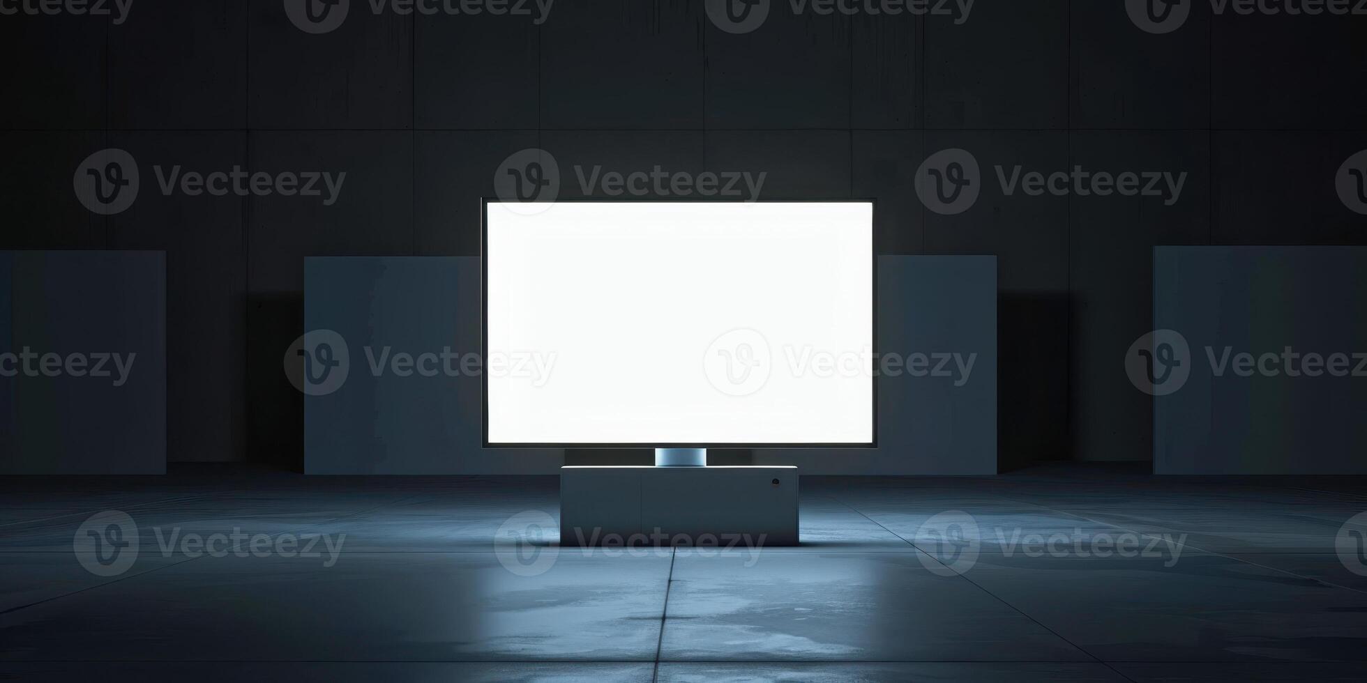 A large square light on a floor in a dark room photo