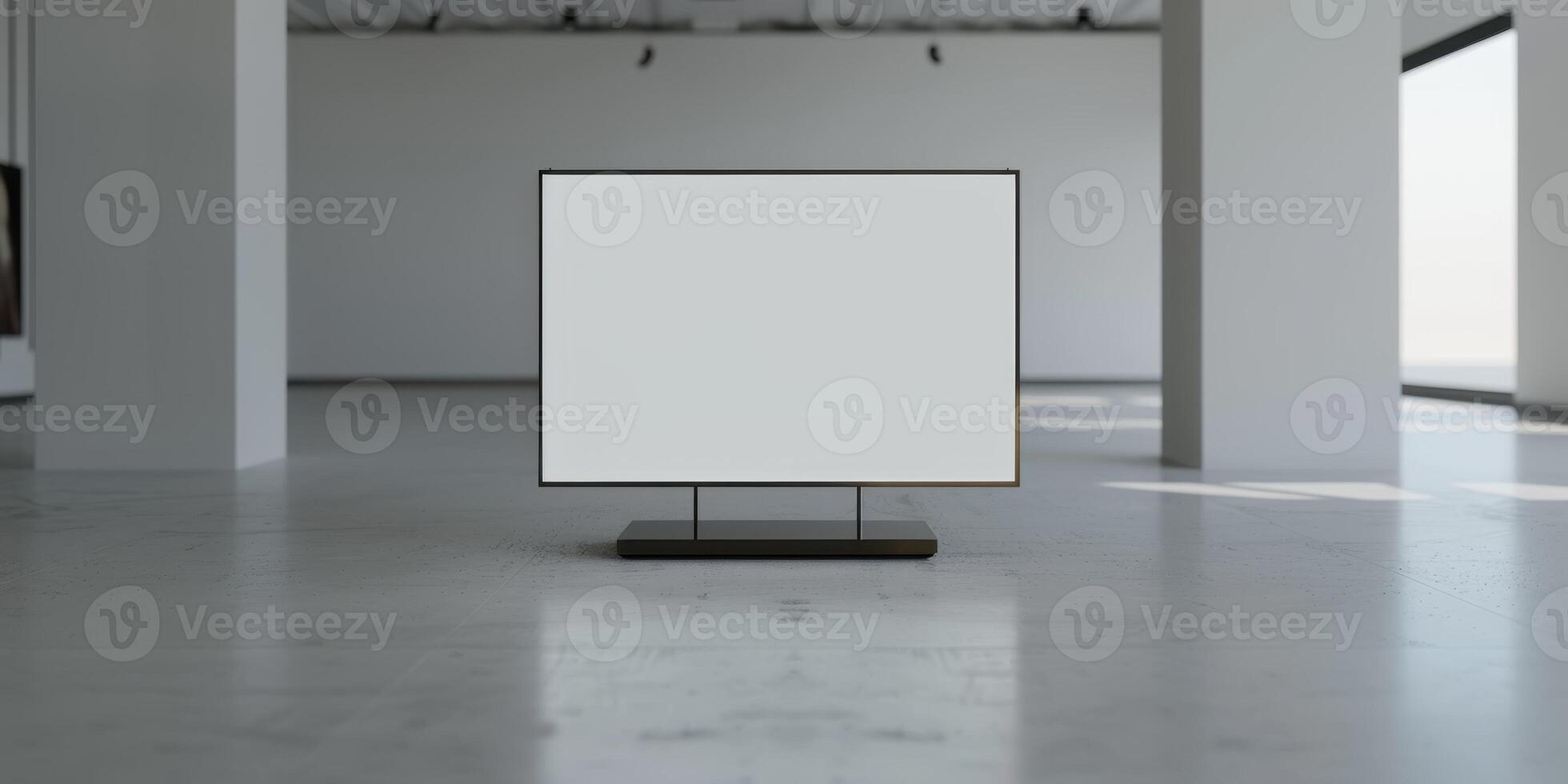 Blank white frame in empty room with white floor photo