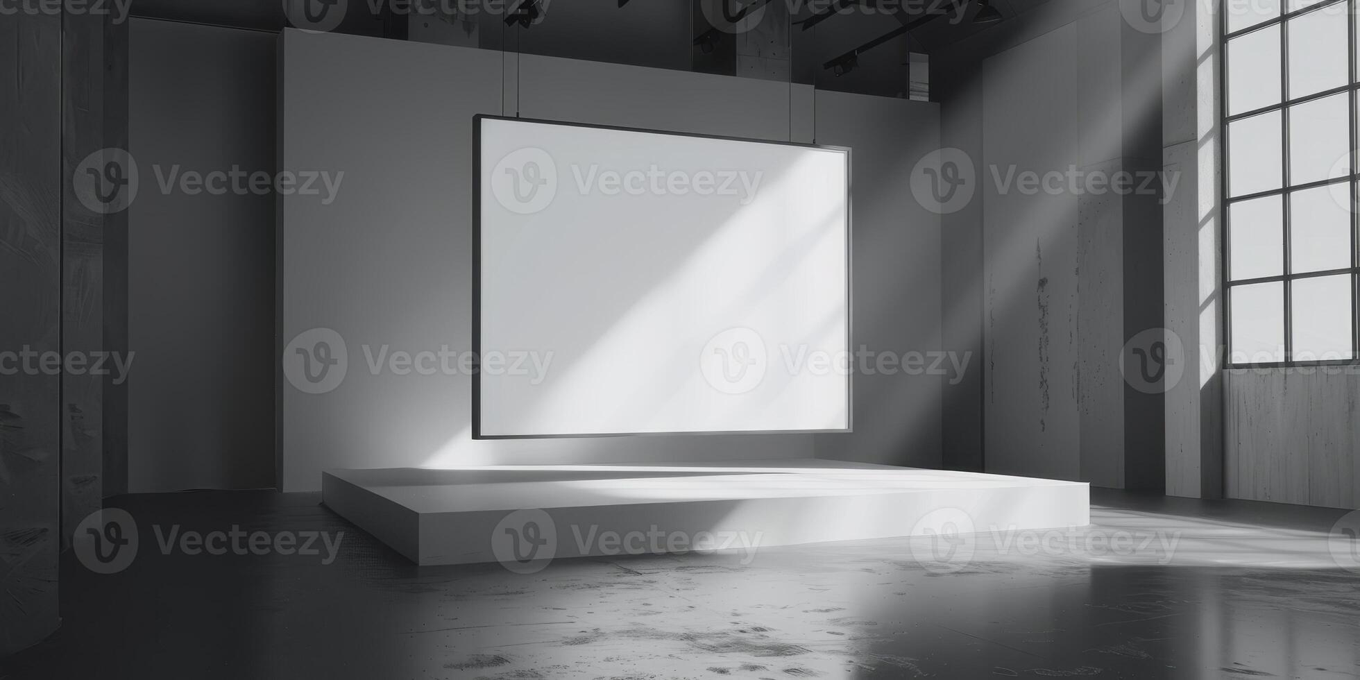 An empty room with a large white frame photo