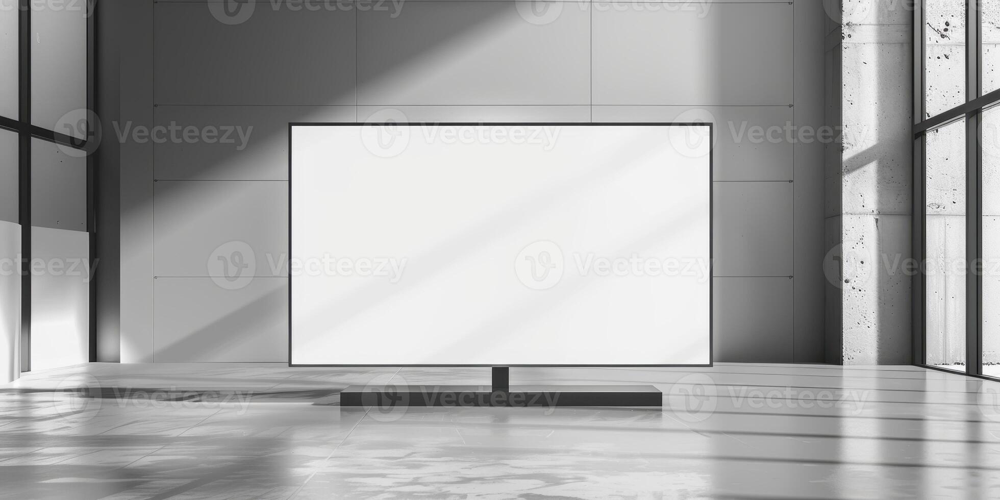 Blank white billboard in empty room with large windows photo