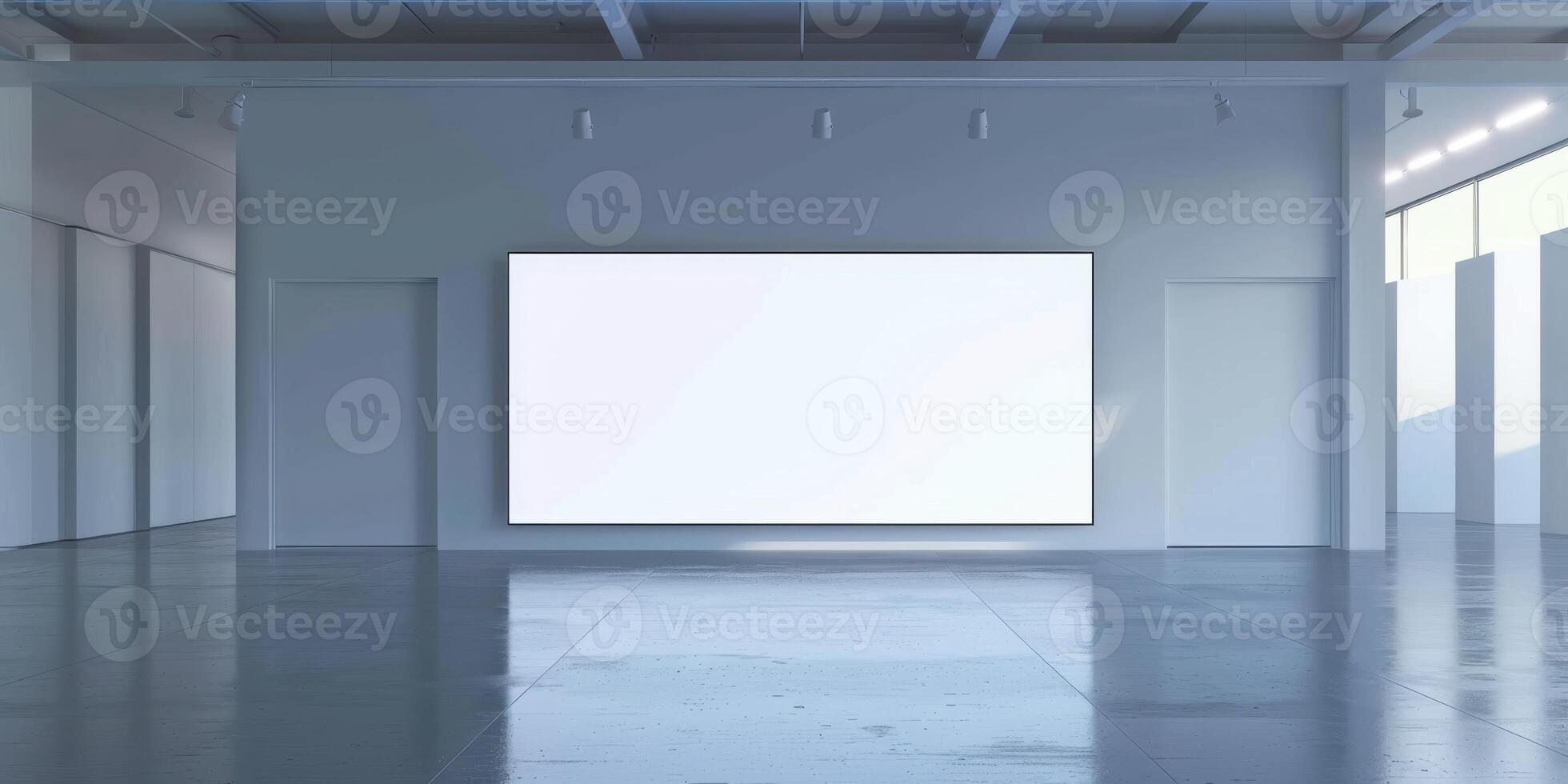 An empty room with a large blank screen photo