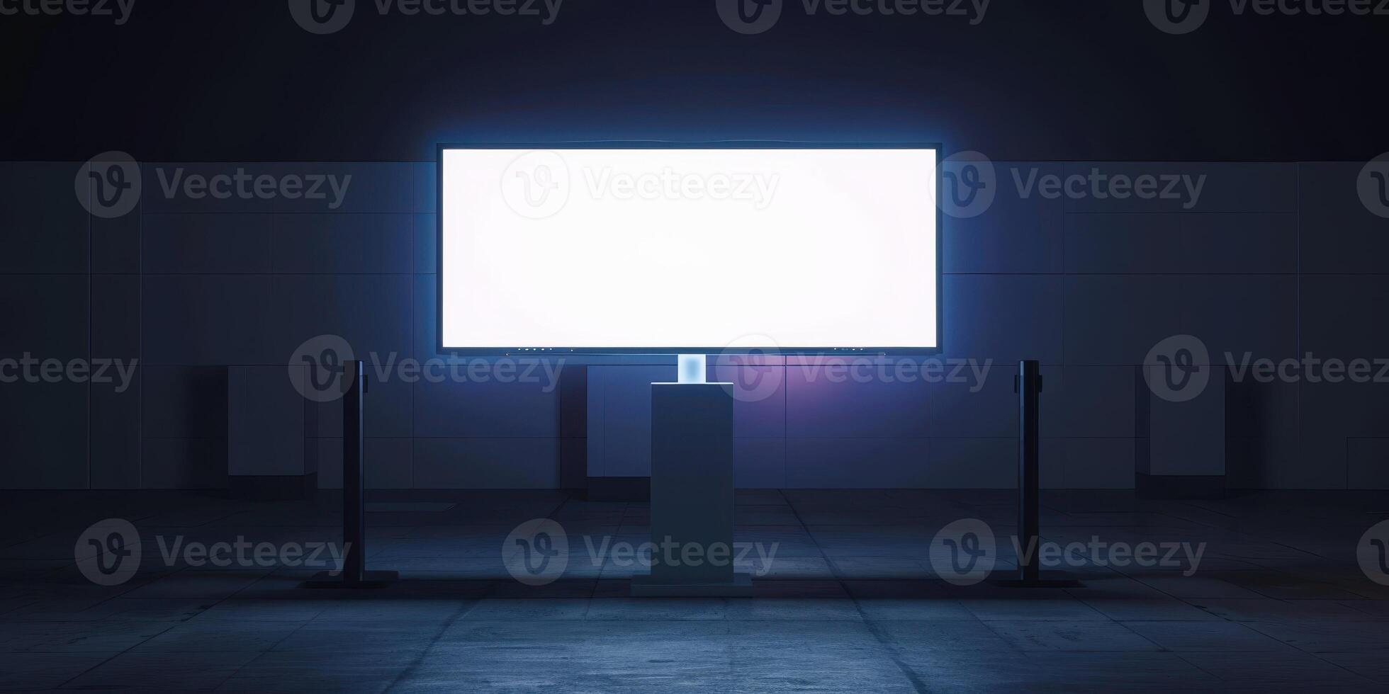 An empty billboard stands in a dark room photo