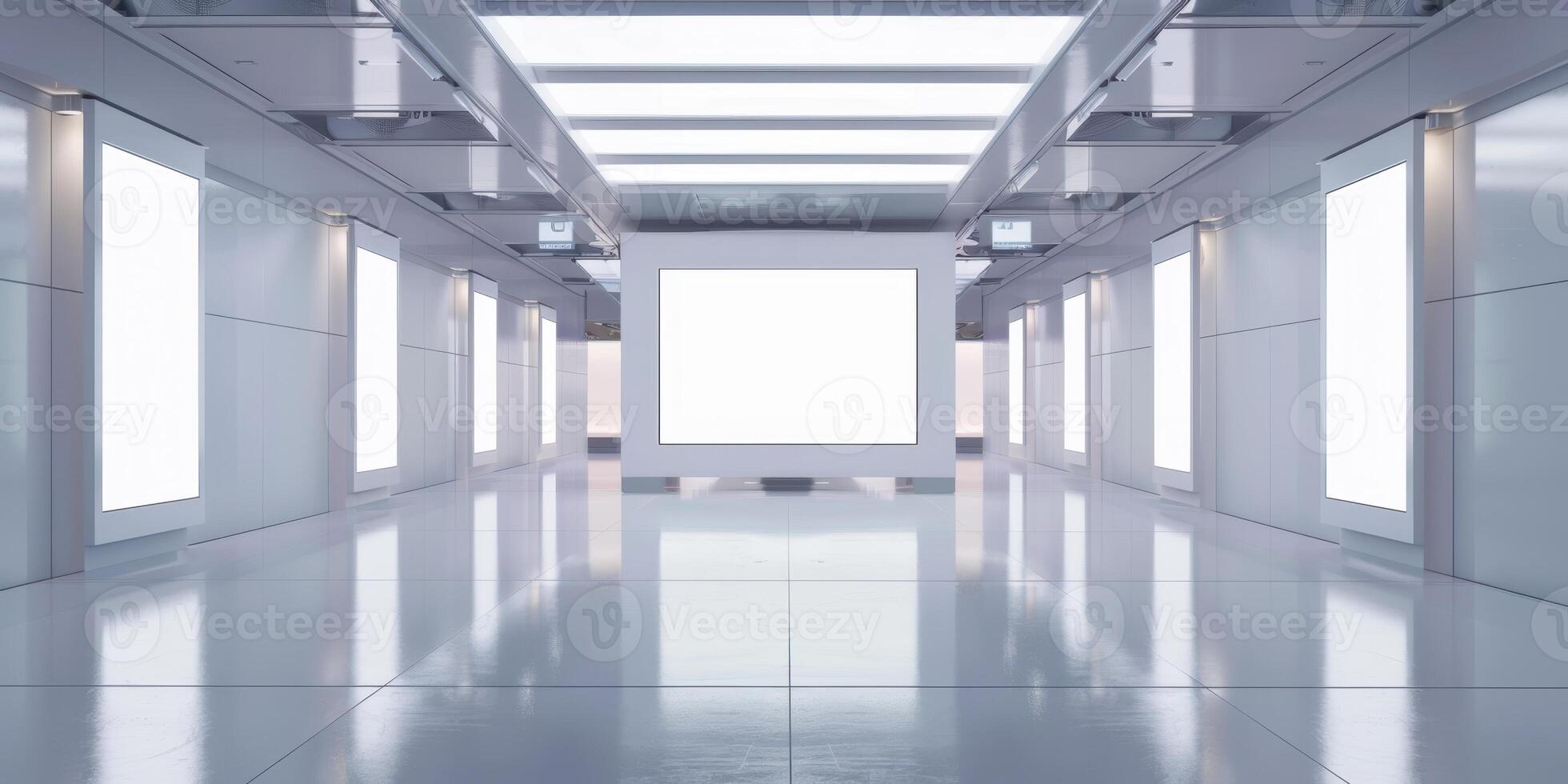 An empty hallway with white walls and a large blank screen photo