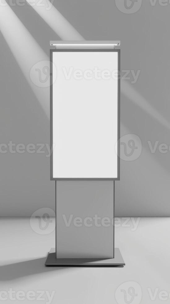 A blank white billboard stands in front of a wall photo