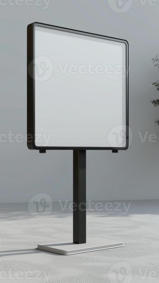 A white board on a stand in front of a plant photo