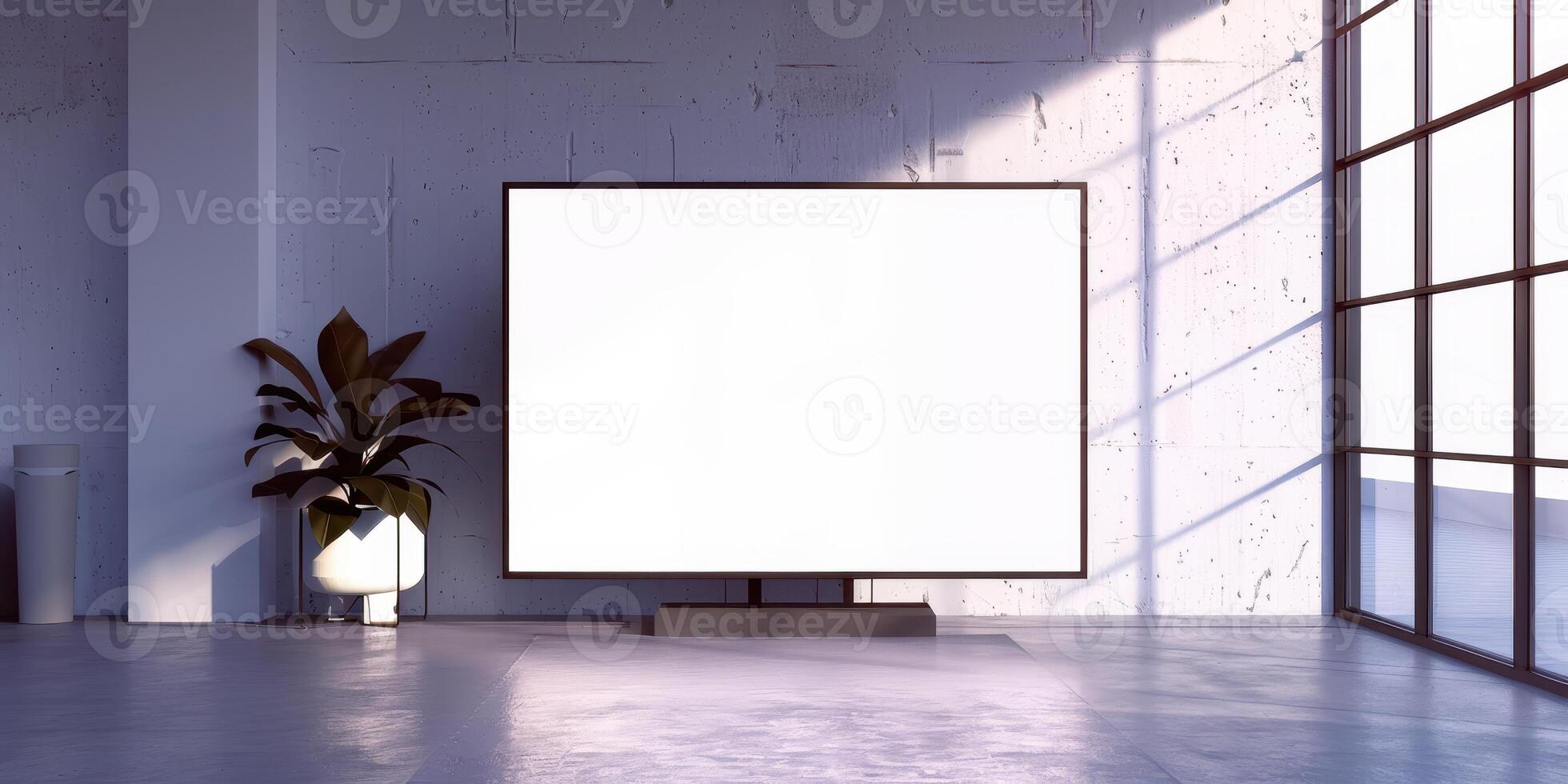 An empty room with a large blank screen photo