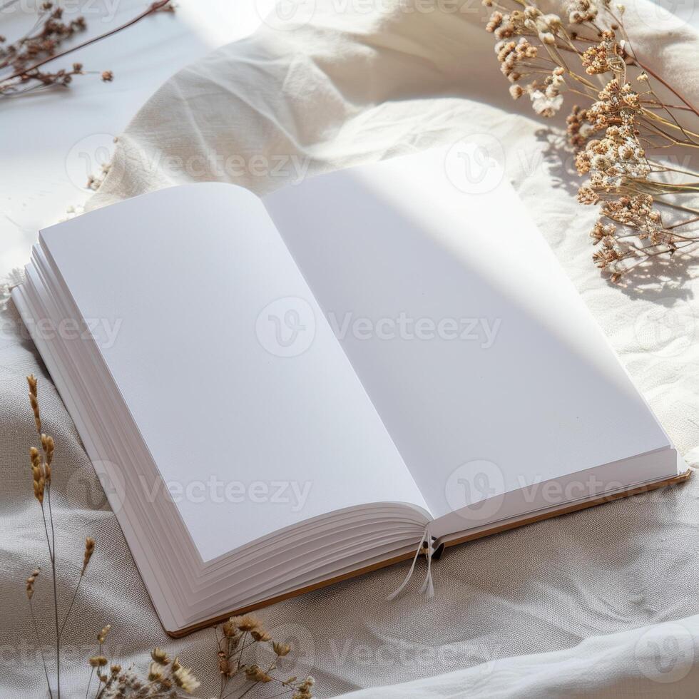 An open book on a bed with dried flowers photo
