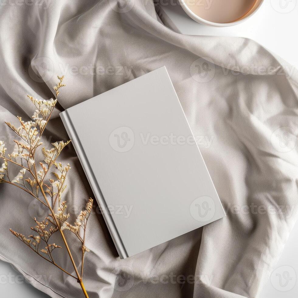 Blank book and coffee cup on white cloth photo