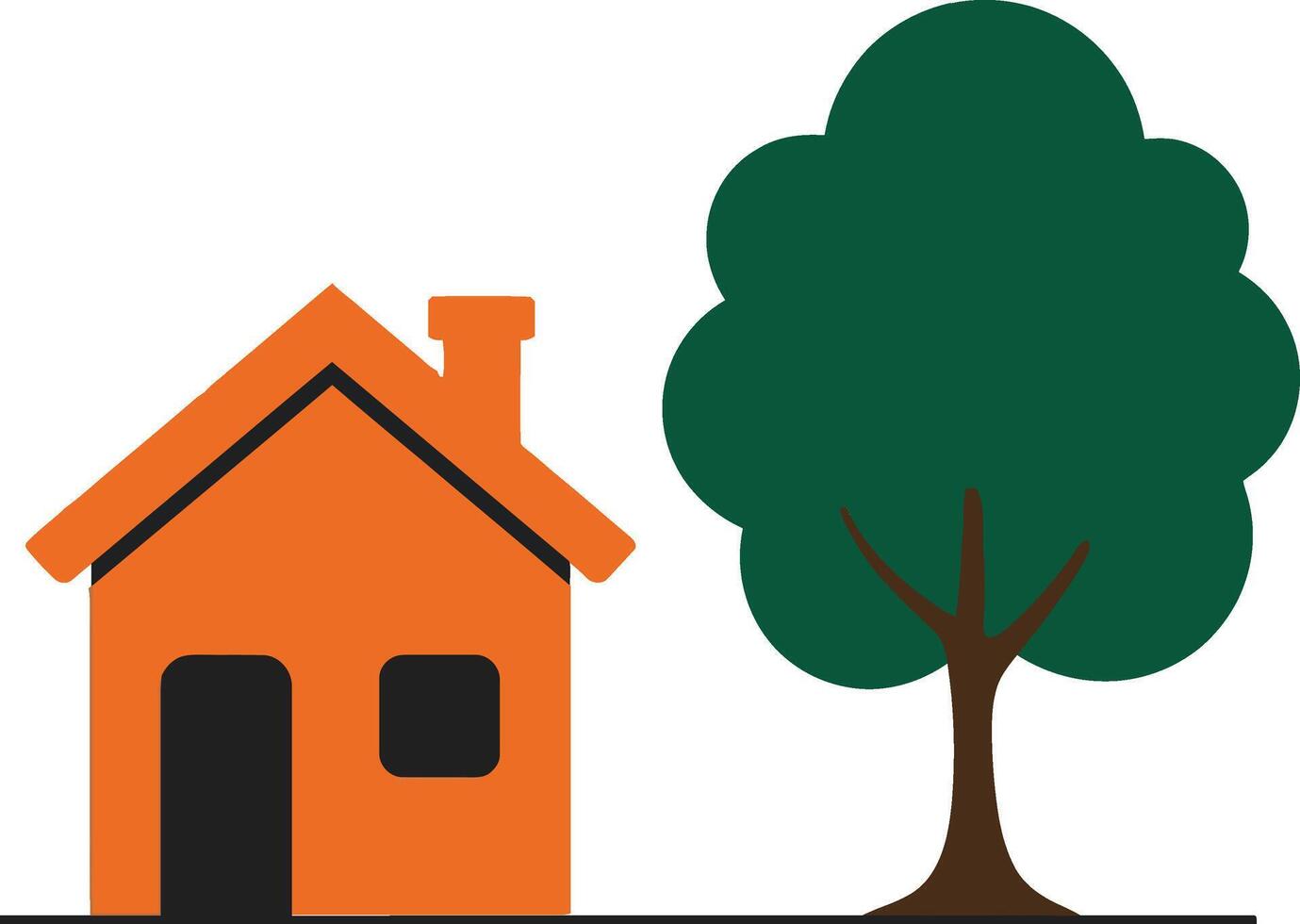 A simple orange house beside a large green tree in a flat, minimal design style, showcasing a cozy outdoor scene in art vector