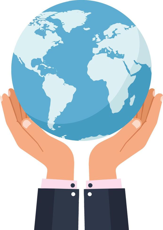 Hands holding a globe with continents visible in a flat design style showcasing global unity and care in art vector
