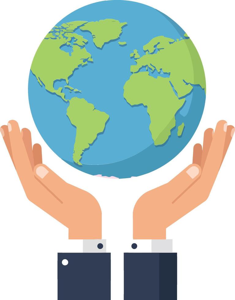 Hands supporting a colorful globe representing Earth in a flat design style showcasing global unity and environmental awareness through art vector