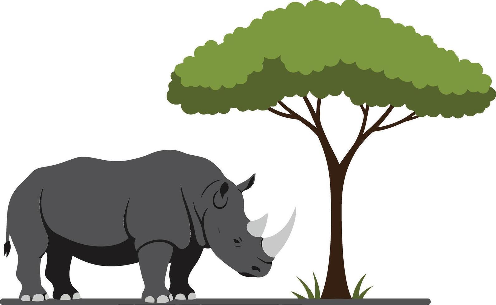 Rhinoceros standing beside a green tree in a flat, minimal design style, showcasing wildlife in art vector