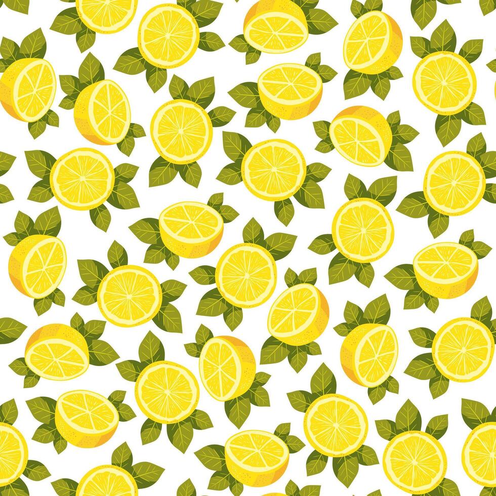 Juicy pattern of lemons with leaves vector