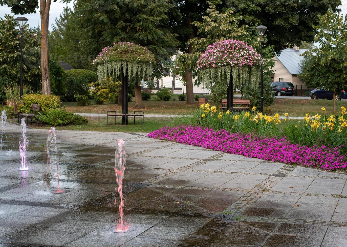 Beautiful summer park. light fountain among beautiful flower beds photo