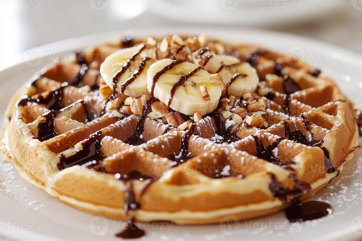 Belgian waffles with banana, chocolate and nuts on a plate photo