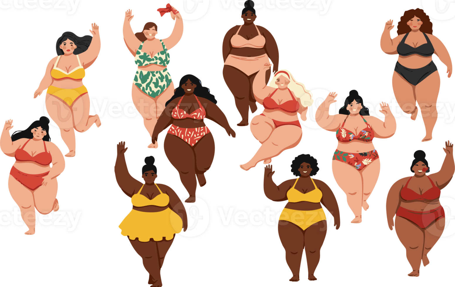 Diverse Group of Plus Size Women in Swimwear Waving Happily png